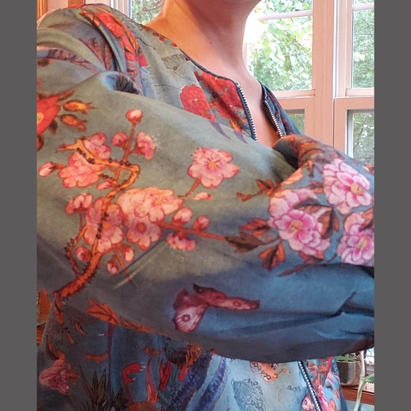 Teal Floral Satin Bomber Jacket - Picture 3 of 3